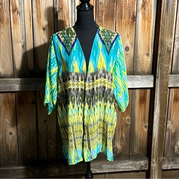 Notations cardigan semi-sheer yellow green brown geometric Small FIRM on PRICE - Picture 1 of 8